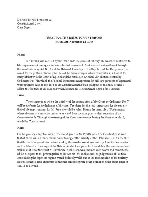 Peralta V. The Director of Prisons 75 Phil 285 November 12, 1945 .